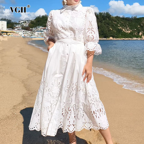 Solid Vacation Patchwork Hollow Dress for Women Lapel Midi Sleeves Spliced Lace Up Casual Dresses Female Clothing Autumn