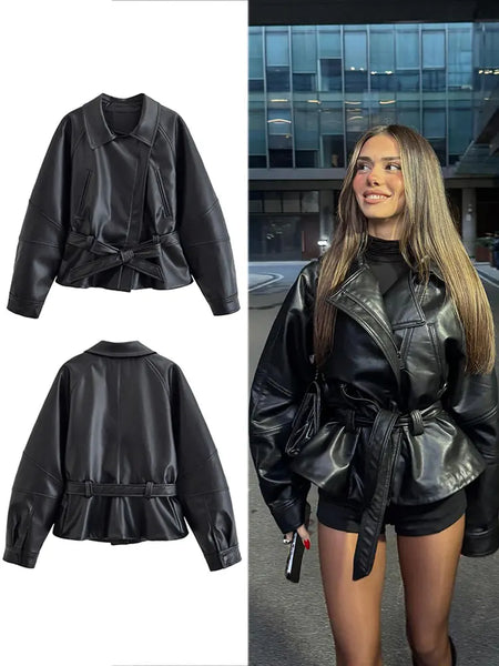 Women Black Short Faux Leather Trench Coat Long Sleeve Lapel Jacket With Belt Vintage Lady Motorcycle Jacket Outwear