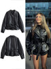 Women Black Short Faux Leather Trench Coat Long Sleeve Lapel Jacket With Belt Vintage Lady Motorcycle Jacket Outwear