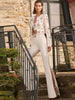 High Street Designer Suit Set Women's Pearls Diamonds Rhinestone Beaded Trimed Jacket Flare Slit Pants Suit