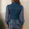 Casual Women's Denim Mesh Puff Sleeve Shirt Blue Jean Button Down Blouse with Pockets Sheer Sleeve Casual Vintage Blouse To
