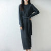 Women Wool Dress Sweater 100% Merino Wool Knitted Self-belt Long Skirt Autumn Winter Round Neck Pullover Cashmere Straight Skirt