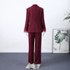 Women's Black Blazer Pants Set With Feather Cuffs Lapel Long Sleeve Button Jacket Wide Leg Pants Lady Chic Outfits
