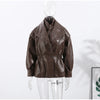 Solid PU Leather Jacket Women Turn-down Collar Zipper Front Puffy Sleeves Stylish Coat Spring Casual Lady Outerwear