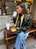 Women Lapel Collar Single Button Croc Embossed Leather Jacket Long Sleeve Drop Shoulder Patch Pocket Loose Retro Short Street