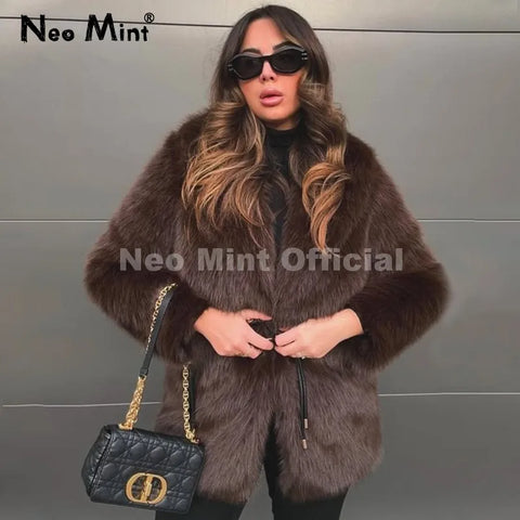 Winter Brown Belted Faux Fur Coat Women Thick Warm Long Fox Fur Jacket Chic Brand Girls Furry Overcoat