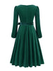 Red Velvet Christmas Elegant Party Women Dress Square Neck Long Bishop Sleeve Autumn Winter Belted Swing Dresses