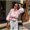 Shiny Stand Collar Short Jacket Women Puff Sleeve Drawstring Waist Cinching Pleated Jackets Autumn Causal Lady Outerwear