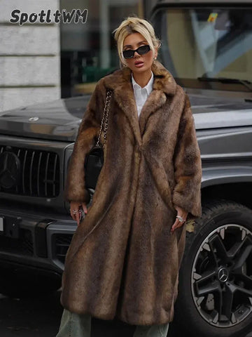 Women's Dark Brown Faux Fur Long Overcoat Single Breasted Fleece Long Trench Coat Winter Fluffy Plush Warm Thicken Outerwear