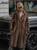 Women's Dark Brown Faux Fur Long Overcoat Single Breasted Fleece Long Trench Coat Winter Fluffy Plush Warm Thicken Outerwear