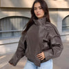 Black Jacket Women's Coat Faux Leather Jacket Outerwears Demi-Season Bomber Moto Biker Zipper Jacket High Neck Short Coat