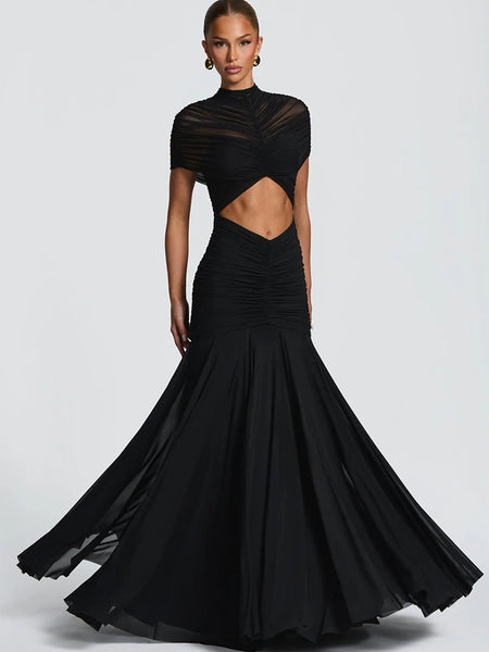 Patchwork Sexy Hollow Out Sheer Mesh Women Maxi Dress Turtleneck Ruched Dress Spring Slim Elegant Party Evening Dress
