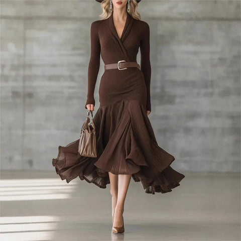 Autumn Brown Long-sleeved V Neck Dress For Women'S Fitted With Large Swing Elegant Female Belt Tied Dresses
