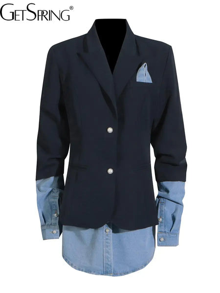 gestring Women Blazer Autumn Denim Stitched Single Breasted Ladies Black Blazer Coat Women's Long Suit Jacket