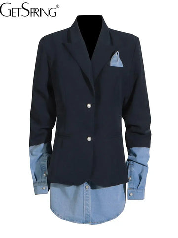 gestring Women Blazer Autumn Denim Stitched Single Breasted Ladies Black Blazer Coat Women's Long Suit Jacket