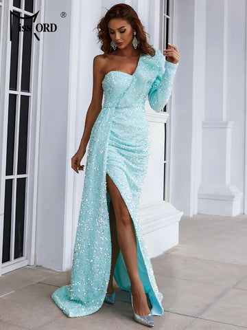 Light Blue Sequin Party Dress Women One Shoulder Long Sleeve Ruffles Side Split Draped Evening Prom Dresses Long Gown