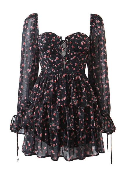 Autumn Women Vintage Floral Print Chiffon Dress Sexy Semi-Sheer Long Sleeve Layered Ruffle Ladies Short Dress