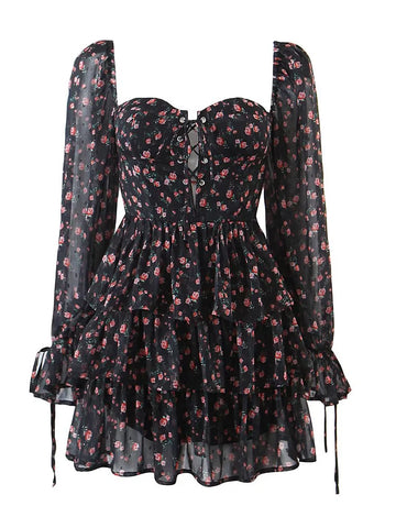 Autumn Women Vintage Floral Print Chiffon Dress Sexy Semi-Sheer Long Sleeve Layered Ruffle Ladies Short Dress