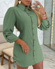Women's Long Sleeve Button Down Shirt Dress with Turn Down Collar and Side Drawstring Mini Dress