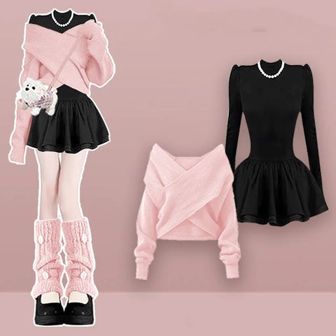 Women Graceful Pink Short Sweater Mini Black Ball Gown Two Piece Set Spring Autumn Women Knit Pullover Tops Dress Outfits