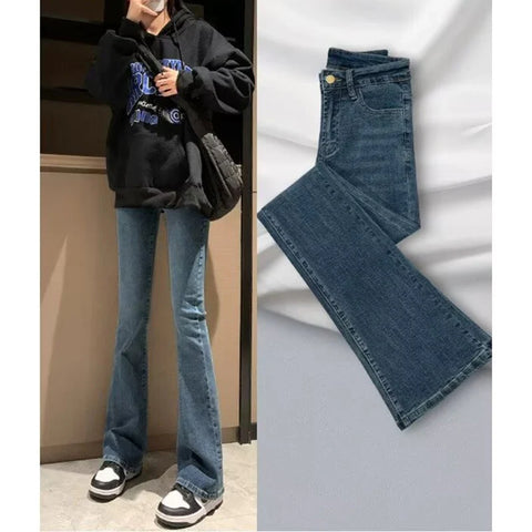 Lady Retro High Waist Flared Jeans Girls Stretch Thin Slim Fit Denim Pants Women Korean Leisure Solid Trousers