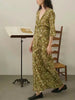 Women Silk Pendant Ink Color Midi Dress V-Neck Slim Wrapped Tie Waist Long Dresses for Ladies