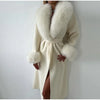 White Fur Patchwork Lace-up Overcoats Women's Street V-neck Full Sleeve Long Woolen Coat Winter Ladies Thick Outwear