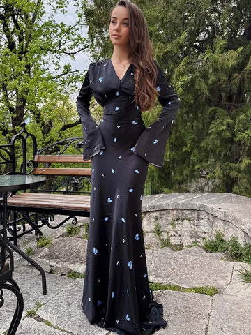 Casual Black Print Womens Dresses V-Neck Long Sleeve High Waist Dresses Autumn Lace-Up Floor-Length Dress
