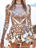 Stretch Sequins Mirror Dress Women Bodysuit Dancewear Long Sleeve Drag Queen Costume Rave Festival Night Out BodySuits