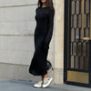 Spring Autumn O-Neck Elastic Knit Long Dresses Women Elegant Chic Soft Lady Hollowing Sweater Dresses Femme