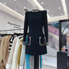 High Street Designer Women's Colorful Diamond Standing Neck Long Sleeve Dress