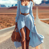 Retro Sexy Square Collar Hollow Irregular Dress Woman Pure Elegant Button Pleated Dress Fall Long Sleeve Ruffle Swing Boho Dress