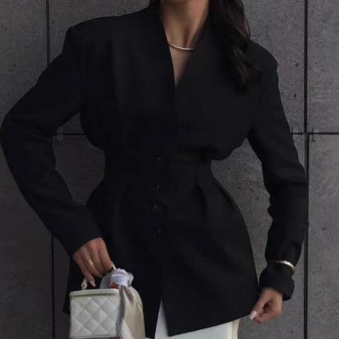 Women Suit Jacket V Neck Button Waist Slim Regular Shoulder Blazer Autumn Elegant Evening Party Commute Outfit
