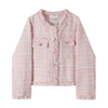 French White Tweed Crop Jacket for Women Autumn Elegant Slimming Decor Button Coat Woman Round Neck Long Sleeve Outerwear
