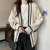 Autumn Vintage Mid Long Sweater Cardigan Woman Preppy Style Contrast Color Knitted Coat No Button Casual Street Open Outerwear