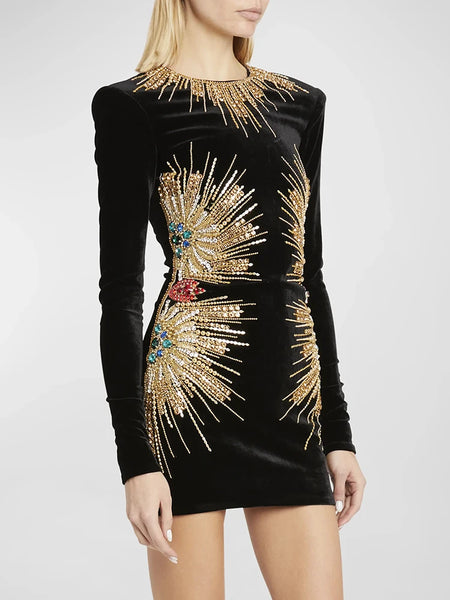 High Street Designer Women's Long Sleeve Sequined Rhinestone Diamonds Beaded Velvet Dress