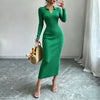 Women Polo Collar Knit Maxi Long Dress Elastic Ribbed Long Sleeve Bodycon Sweater Dress Elegant Ladies Party Casual Outfits