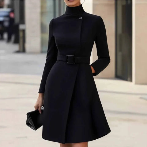 Elegant Retro Long Sleeved Button A-line Dress Autumn Winter Women's Clothing Casual High Tie Belt Pockets Mid Length Frock