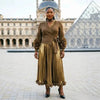 Gold Foil Printing Ruffled Women's Pleated Elegant Pleated Dress Notched Collar Long Sleeve Clothing 2DB7918