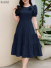 Elegant Chic Womens Tiered Midi Dresses Fabric Flower Detailed O-Neck Short Puff Sleeve Solid Color A-Line Dress Woman