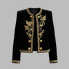 Woman Fall Winter Gold Embroidered Jackets Velvet Long Sleeve Round Neck Button Christmas Holiday Ladies Coat