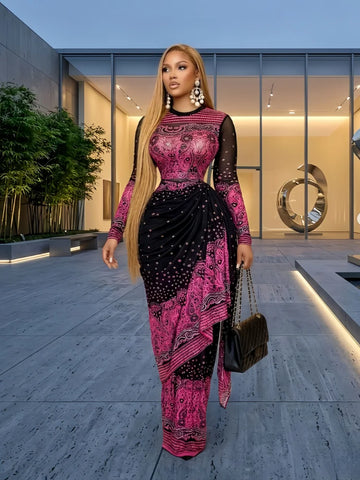Women Tie Dye Printed Stacked Ruched Long Sleeve Midi Bodycon Maxi Long Dress Birthday Party Education Dresses