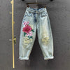 High Waist Harlan Jeans Women's Spring Autumn Large Size Embroidery Loose Ankle Length Jeans Denim Pants 5XL