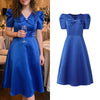 Women's Elegant Satin Silk Party Dress Puff Sleeve V-Neck Bow A-Line Midi Dresses Wedding Guest Cocktail Robes Femme