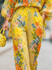 Yellow Print Women 2 Piece Outfit Set Casual Long Sleeve Turndown Collar Single-breasted Shirts Straight Trousers Sets