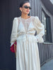 Women Pant Set Satin Lace Round Neck Puff Long Sleeve Button Front Drawstring Waist Blouse Cuffed Ruffle Hem Pants Elegant Suit