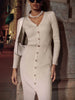 Elegant Evening Dress Women V Neck Long Sleeve Patchwork Button Slit Sweater Dresses Autumn Winter Knit Maxi Dress