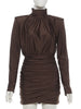 Elegant Shoulder Padded Dress Women Turtleneck Ruched Sexy Classic Office Commute Simple Peach Hip Slim Mini Bodycon