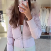 Zipper Cotton Quilted Puffer Jacket Women Furry Hooded Long Sleeve Slim Casual Female Coat Winter Outerwear Chic Lady Coats