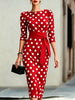 Women Polka Dot Bodycon Midi Dress 3/4 Puff Sleeve Boat Neck Contrast White Tie Waist Slim Pencil Formal Wedding Guest Dresses